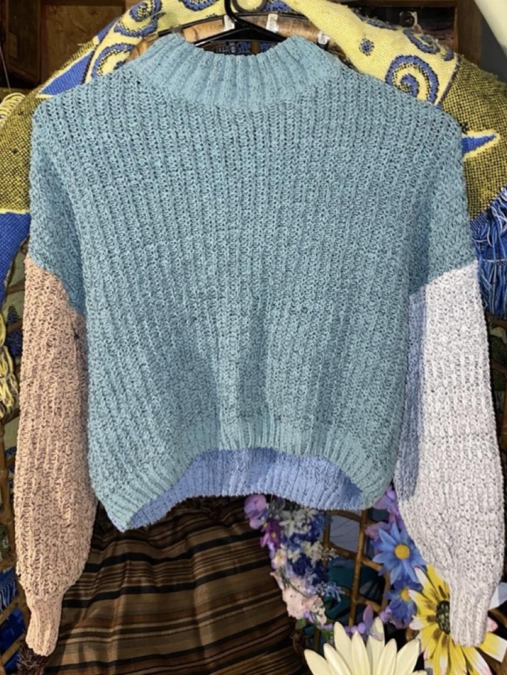 My Michelle Colorblock Mock Neck Sweater Pastel Aqua Blue Pink Knit